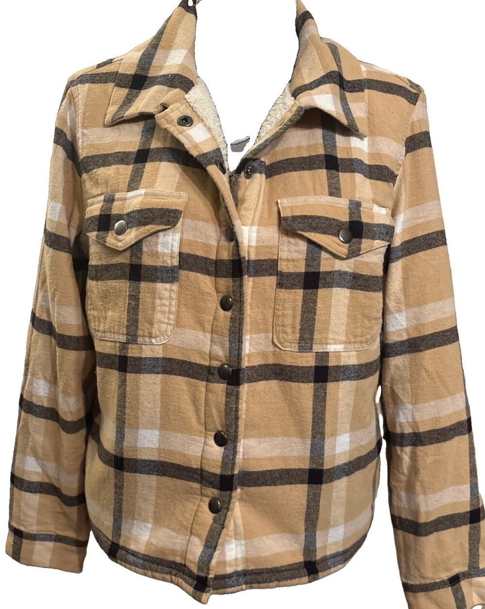 Lucky Brand Men Medium Tan Plaid Sherpa Lined Flannel Shirt Jacket Snap Button